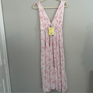 Salty Lemon Women Sz M Pink Floral Rayon Deep V Maxi Dress Boho Resortwear NEW